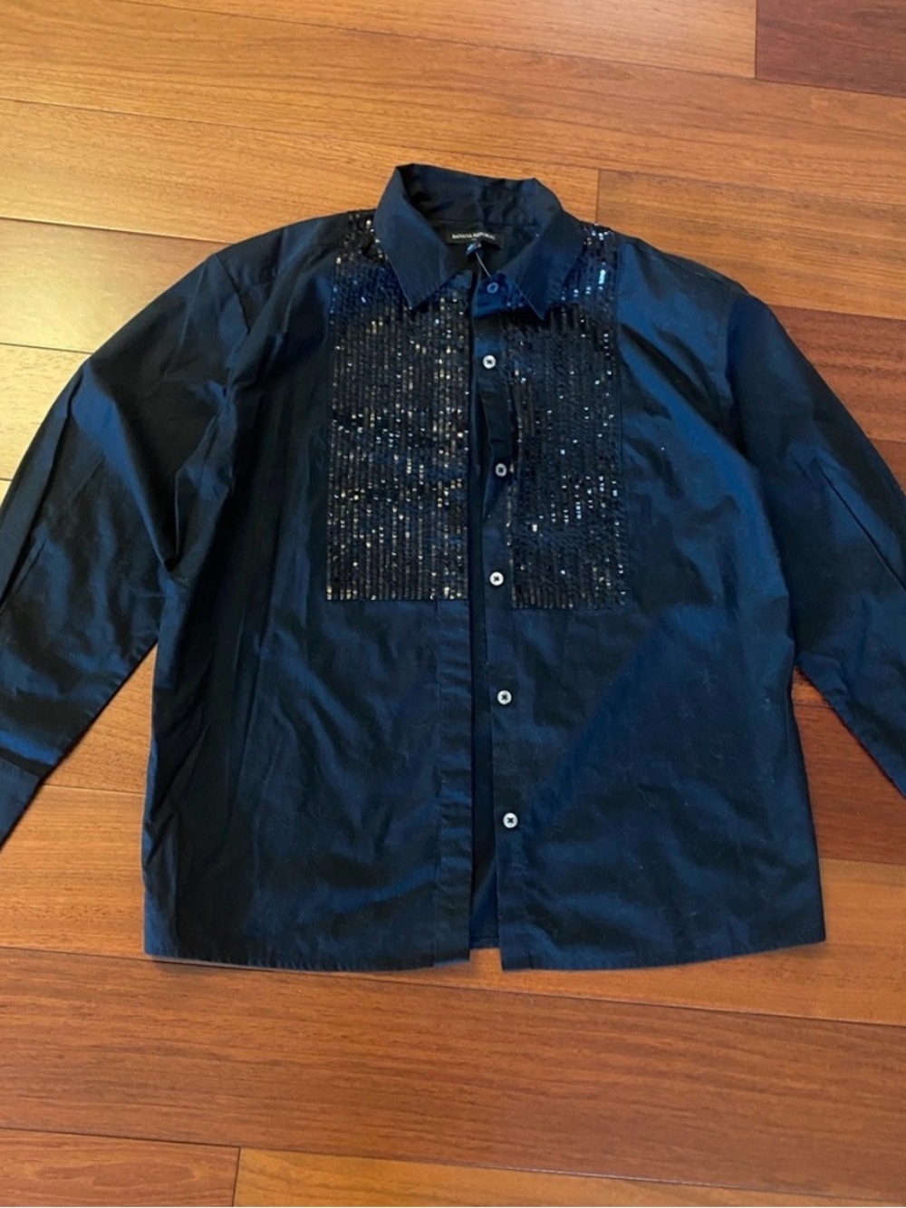New Banana Republic Women Black Sequin Cotton Button-Up Shirt Top Size M
